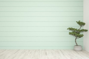 Empty room in white color with green plant. Scandinavian interior design. 3D illustration