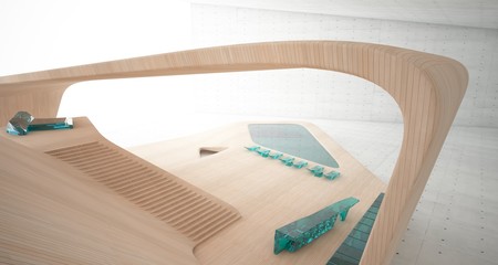 Abstract architectural concrete, wood and glass smooth interior of a minimalist house with swimming pool and large window. 3D illustration and rendering.