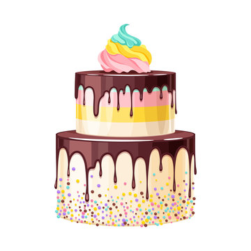 Colorful birthday cake decorated with melted chocolate vector illustration.