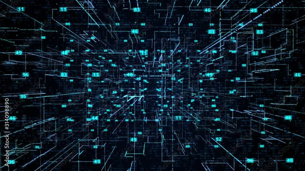 Poster Futuristic Digital Binary Number Hi Technology Structure Big Data Scanning. 4K HUD UI Element Security Code Flying In Cyberspace Background.