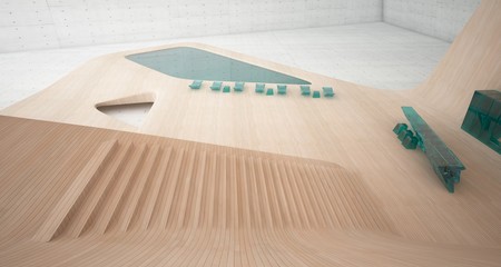 Abstract architectural concrete, wood and glass smooth interior of a minimalist house with swimming pool and large window. 3D illustration and rendering.