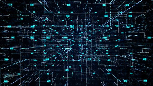 Futuristic Digital Binary Number Hi Technology Structure Big Data Scanning. 4K HUD UI Element Security Code Flying In Cyberspace Background.