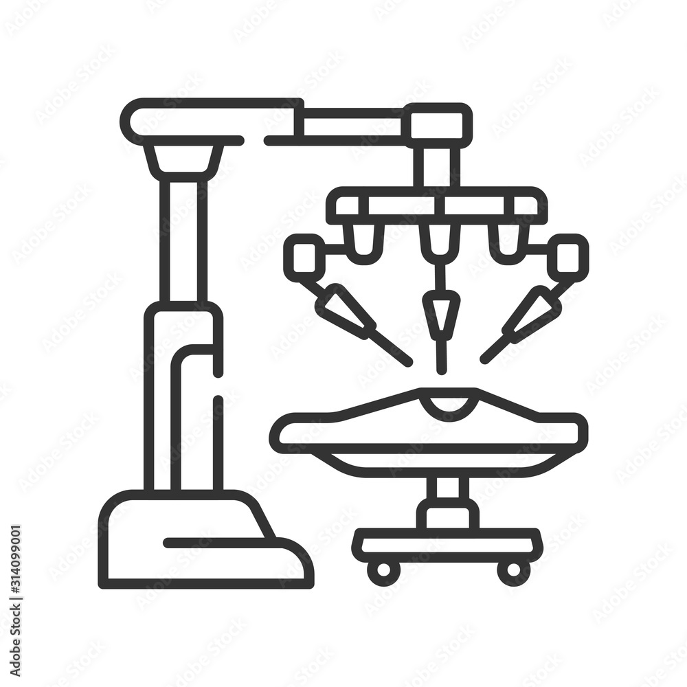 Poster medical robot black line icon. robot surgeon makes a surgery patient on the operating table. innovat