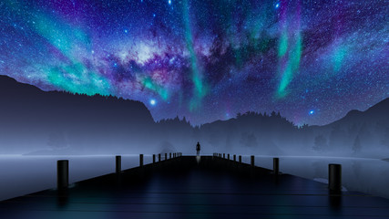 Milkyway with aurora borealis - obrazy, fototapety, plakaty
