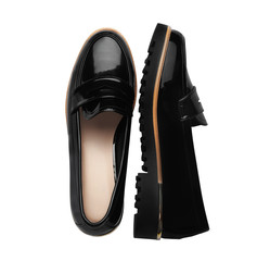 Pair of stylish female shoes isolated on white, top view