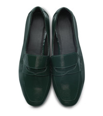 Pair of stylish female shoes isolated on white, top view