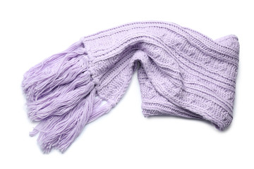 Violet knitted scarf isolated on white, top view