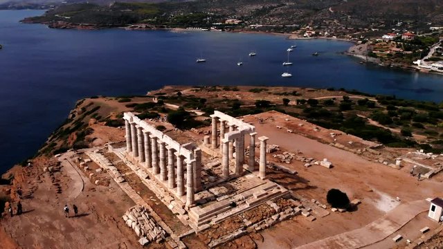 Greek Temple Of Poseidon In Athens During Day, Rotating Aerial