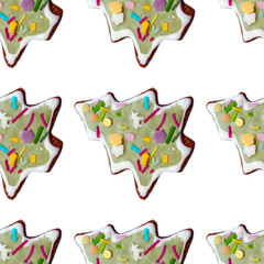 Gingerbread cookies Christmas tree for Christmas and New year seamless pattern. Template. Gingerbread. Gifts and celebration. Festive background. Isolated cookies.