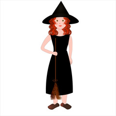 vector image of redhead young witch with broom in her hand
