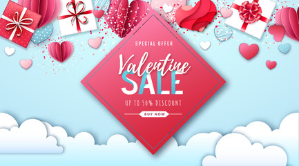 Naklejka na ściany i meble Happy Valentine`s day background with love hearts and gift boxes. Valentine`s day sale poster