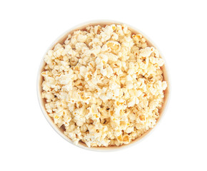 Bucket of tasty pop corn isolated on white, top view