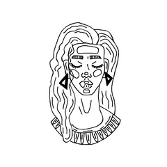 Young european girl vector hand drawn line art. Fashion stylish concept for t-shirt, bags print. Isolated on white background. Beautiful feminine face with romantic hearcut, makeup and accessories.