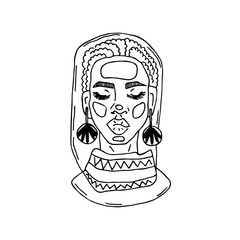Young african american girl in national clothing vector hand drawn line art. Fashion stylish concept for t-shirt, bags print. Isolated on white background. Feminine face with makeup and accessories.