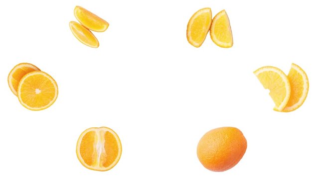 Set from pieces of fresh oranges, isolated on white background, stop motion