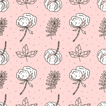 Cotton flower cute vector seamless pattern, package design, background. Realistic cotton balls. Herbs. Organic ingredients, natural condition. Eco friendly, vegan, vegetarian. Hand drawn elements. 