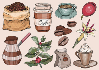 Collection of vintage coffee party icons. Hand drawn retro illustration with coffee