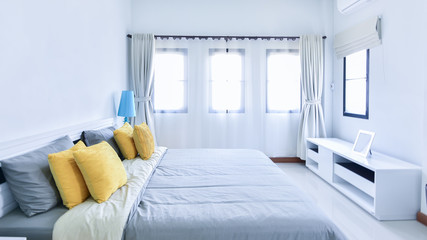 Modern bedroom interior decoration.Modern master bedroom in the morning.