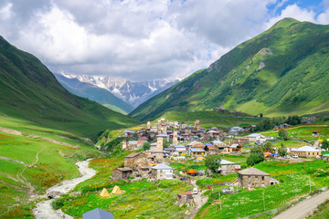Fototapeta na wymiar View of the Ushguli village at the foot of Mt. Shkhara.