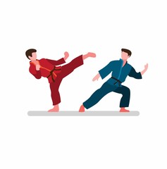 two man fighting in karate, kungfu or pencak silat traditional martial arts from asian, championship cartoon flat illustration vector