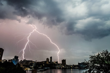 Lightning during thunderstorm in the sky. Natural phenomenon of