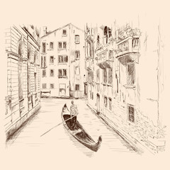 Obraz premium Scenery of the old city of Venice. landscape with canal, old buildings and a boat. Pencil sketch.