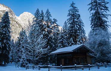 Beautiful winter wonderland at the famous Klausbachtal, Hintersee, Ramsau, Berchtesgaden, Bavaria, Germany