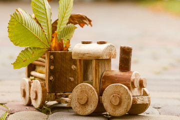 Toy wooden children's steam locomotive rides in the park