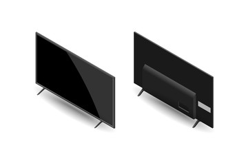 Isometric large flat screen Qled, led, lcd, plasma TV. Black HD realistic monitor mockup vector illustration.