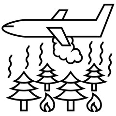 Firefighting plane dropping water above burning forest. Aerial firefighting and wildfire concept vector icon design