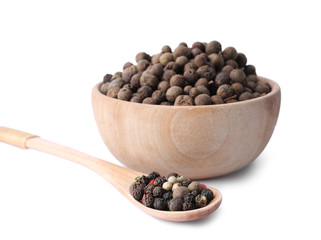 Mix of different pepper grains isolated on white