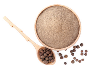 Milled and whole peppers isolated on white, top view