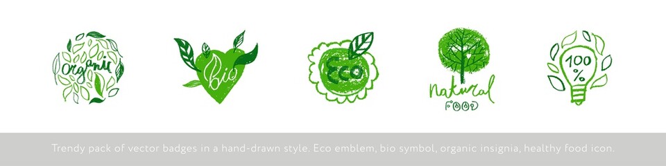 Organic food labels. Natural healthy fresh diet products icons. Green premium vegan badges. Hand lettering. Trendy vector logo for ethical agriculture, bio concept, natural cosmetics, local market.