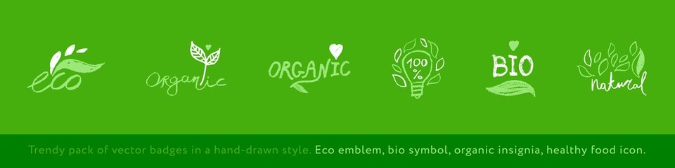 Organic food labels. Natural healthy fresh diet products icons. Green premium vegan badges. Hand lettering. Trendy vector logo for ethical agriculture, bio concept, natural cosmetics, local market.
