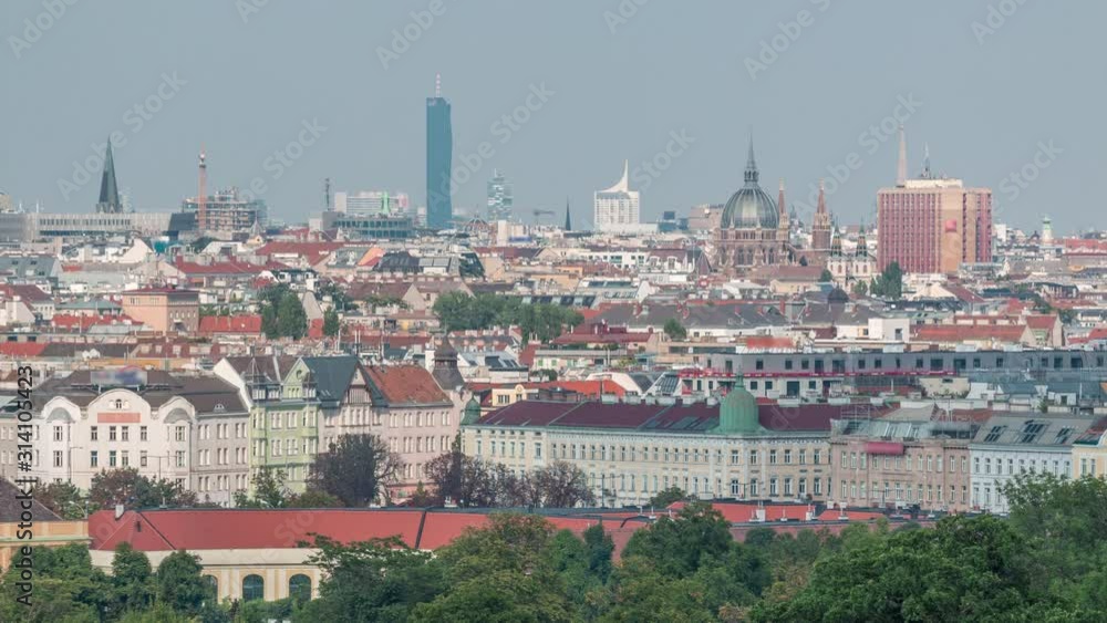 Sticker aerial panoramic view of vienna city timelapse from the schonbrunn tiergarten. houses, churches with