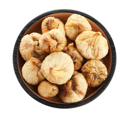 Tasty dried figs in plate isolated on white, top view