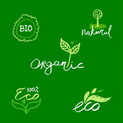 Organic food labels. Natural healthy fresh diet products icons. Green premium vegan badges. Hand lettering. Trendy vector logo for ethical agriculture, bio concept, natural cosmetics, local market.