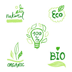 Organic food labels. Natural healthy fresh diet products icons. Green premium vegan badges. Hand lettering. Trendy vector logo for ethical agriculture, bio concept, natural cosmetics, local market.