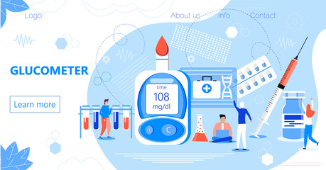 Glucometer for measuring sugar level of diabetics. Landing page with blood glucose testing meter, tiny doctors. Type 2 diabetes and insulin productio