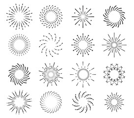 Obraz premium Starburst, firework shadow icons vector. Radiating from center of straight and spiral beams, lines. Set of simple elements for logo