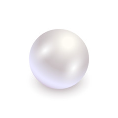 Realistic white pearl with shadow isolated on white background. Shiny oyster pearl for luxury accessories. Sphere shiny sea pearl. Beautiful natural white pearl. Shiny 3D jewel with light effects