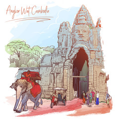 Buddha Gates in Angkor Wat, Cambodia. Painted sketch. Vintage design. Travel sketchbook drawing. EPS10 vector