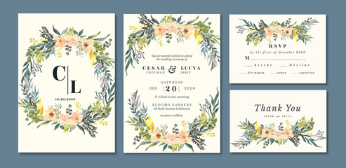 wedding invitation with beautiful floral watercolor