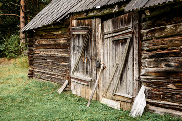 Old wooden log house near forest.