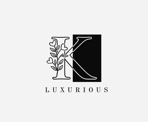 K Letter Luxury Vintage Logo. Minimalist K With Classy Leaves Shape design perfect for fashion, Jewelry, Beauty Salon, Cosmetics, Spa, Hotel and Restaurant Logo. 