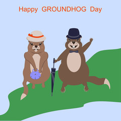 Happy Groundhog Day. Marmot in a tuxedo with an umbrella and a female in a hat with a bag - illustration, vector. Life of animals.