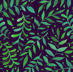 Fototapeta na wymiar Watercolor seamless pattern with leaves and twigs, hand-drawn. Green plants on a black background. Design for fabric, wallpaper, napkins, textiles, packaging, backgrounds. Delicate and stylish.