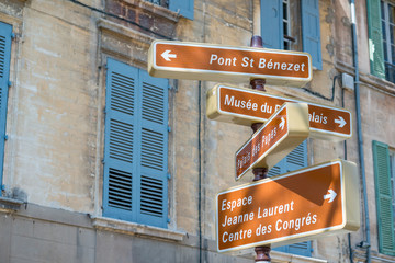 Historic city center of Avignon with directions to tourist attractions including Palace of Popes, Provence, France