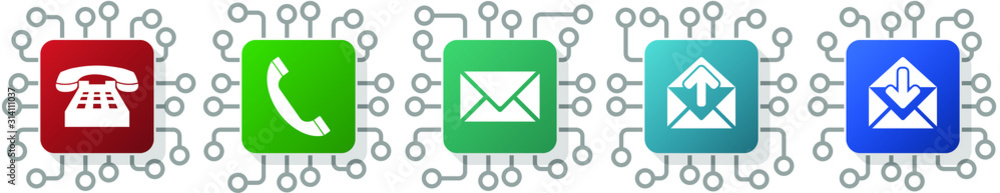 Poster set of phone and email icons for webdesign and mobile applications, cpu, chip concept vector illustr