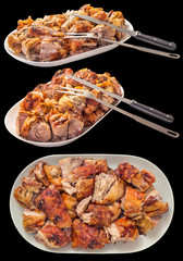 Fresh Spit Roasted Pork Meat Slices Offered on Oblong Porcelain Tray With Carving Knife and Serving Fork Side and Directly Above View Isolated on Black Background